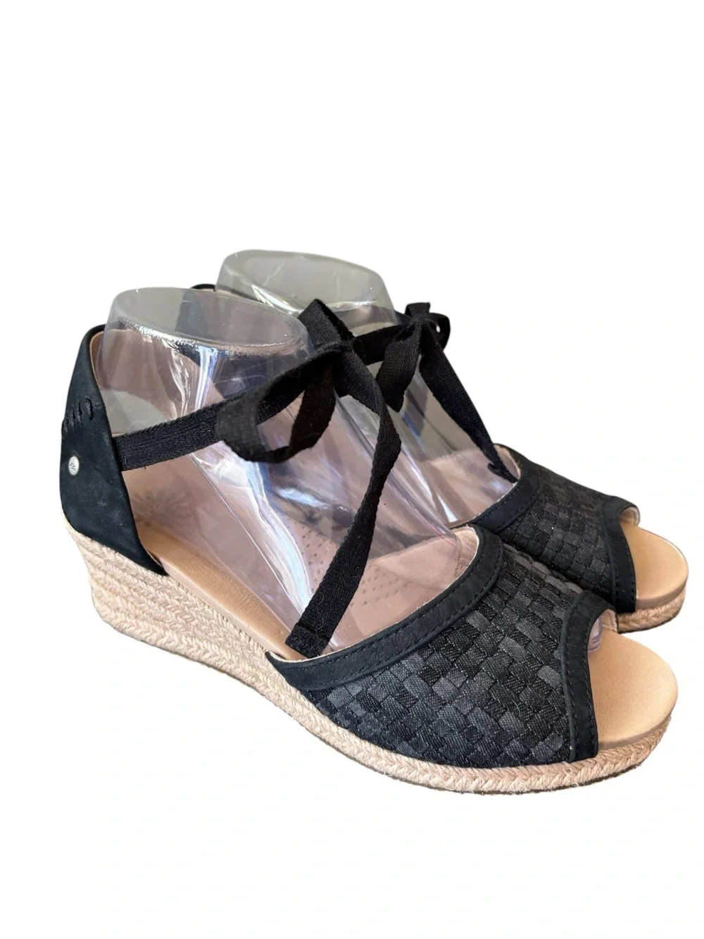 UGG Delmar‎ Black Espadrille Woven Jute Wedge Ankle Tie Sandal Size 8